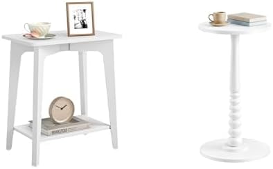 VASAGLE Small Rectangular End Table, Round End Drink Table, Cloud White ULET332W01, ULET293WB02S