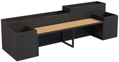 Black Metal Park Planter Bench with Raised Flower Box Seat for Outdoor Patio Garden Yard Lawn Balcony Durable Weather Resistant Steel Wood Seating Set for Backyard Relaxation Large Size