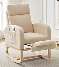 Fabric Rocking Nursery Chair for Mom Nursery,Rocking Chairs with Foot Rest,Recliner Armchair with High Backrest& Wood Legs and Side Pocket for Living Room,Bedroom,Beige