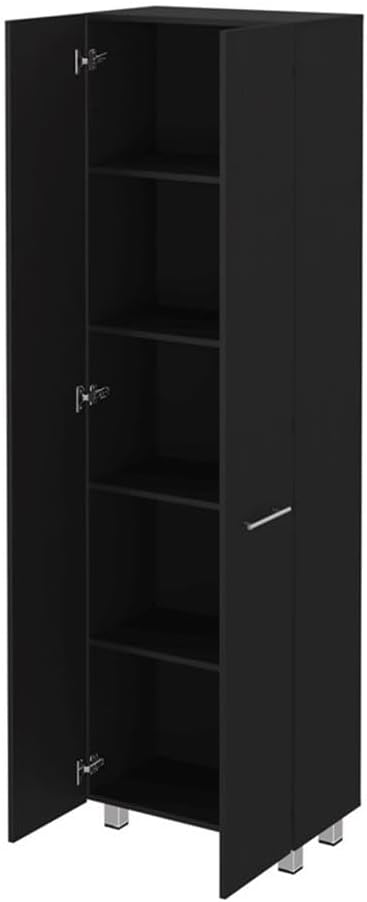 Pemberly Row 79" H Engineered Wood Double Door Pantry Cabinet, Black Finish, 23.3" W x 14.5" D x 78.7" H, 5 Interior Shelves, Metal Handles, Sleek Modern Storage for Kitchen or Home Organization