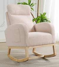 Nursery Rocking Chair, Comfy Modern Glider Rocking Chair with High Backrest and Armrest, Teddy Upholstered Rocking Accent Chair with Side Pockets for Living Room, Bedroom, Office,Beige