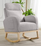 Upholstered Rocking Chair, Glider Chair Nursery Chair with High Back and Side Pocket, Rocking Accent Armchair with Rubber Wood Legs for Living Room/Bedroom/Nursery