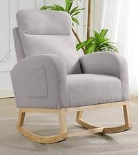Upholstered Rocking Chair, Glider Chair Nursery Chair with High Back and Side Pocket, Rocking Accent Armchair with Rubber Wood Legs for Living Room/Bedroom/Nursery