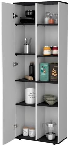 67" H Pantry Cabinet with Door & Open Shelves,Kitchen Food Storage Cabinets Cupboard Credenza Bufffet Cabinet for Kitchen, Dining Room, Living Room,White+Black