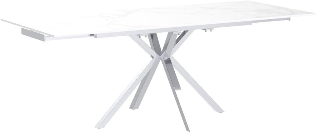 55" to 83" Extendable Dining Table with Blade Extension Plate, Modern Rectangular Table Seats 4-8, Ceramic Laminate Glass Top with Chrome Legs for Kitchen Dining Room