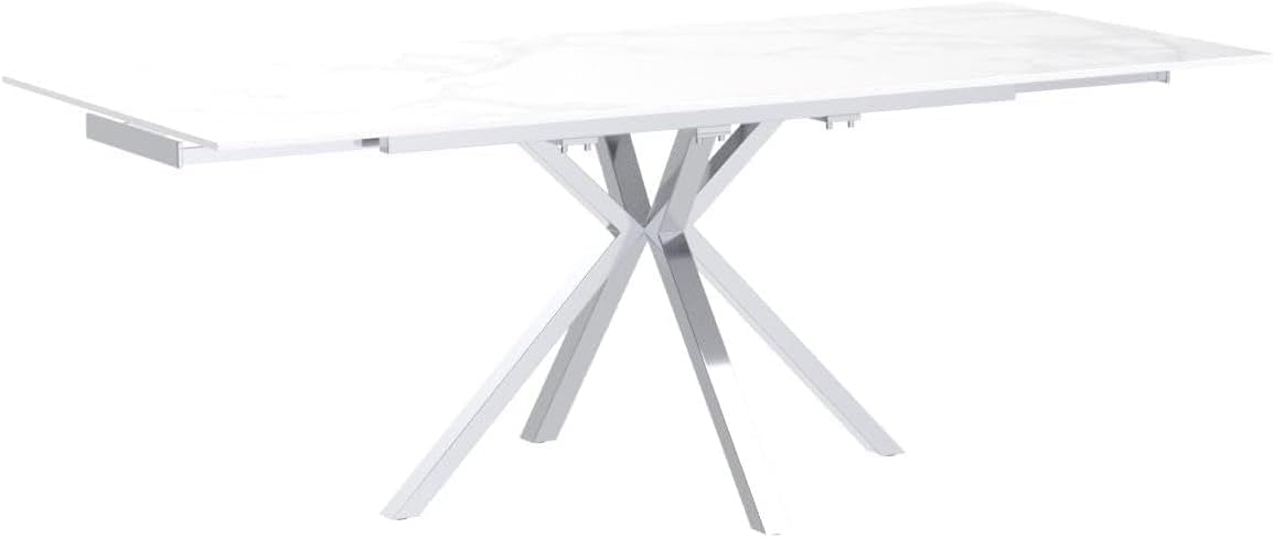 55" to 83" Extendable Dining Table with Blade Extension Plate, Modern Rectangular Table Seats 4-8, Ceramic Laminate Glass Top with Chrome Legs for Kitchen Dining Room