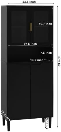 Kitchen Pantry Storage Cabinet, Glass Door Kitchen Hutch Cabinet with Storage Compartment, 71" High Buffet Sideboard Modern Cupboard for Snacks, Spices & Wine, Black