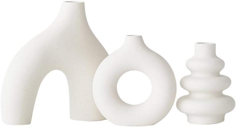 White Ceramic Vase Set of 3,Neutral Boho Nordic Minimalism Style Flower Vases for Living Room Wedding Table Party Office Bedroom