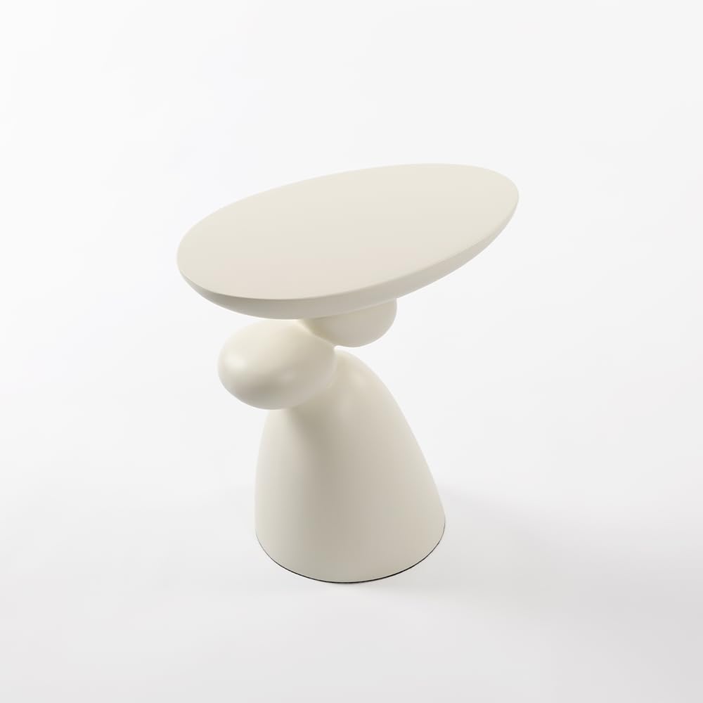 Fortune Stone Coffee Table with Deco, Modern Minimalist Narrow End Table for Couch, Small Round Side Table for Living Room, Fiberglass Decoration Corner Table for Sofa, Black, White (White)