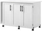 Pemberly Row White Rolling Kitchen Cart with Drop Leaf – Engineered Wood Storage Cart with Adjustable Shelves and Casters, 62.25" W x 19.5" D x 28.5" H