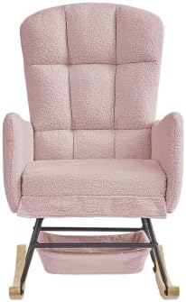 Pink Teddy Glider Rocker, Comfy Upholstered Nursery Rocking Chair with High Backrest, Modern Accent Armchair for Bedroom Living Room, Wood Legs & Steel Frame