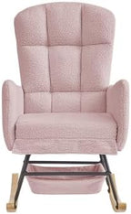 Pink Teddy Glider Rocker, Comfy Upholstered Nursery Rocking Chair with High Backrest, Modern Accent Armchair for Bedroom Living Room, Wood Legs & Steel Frame