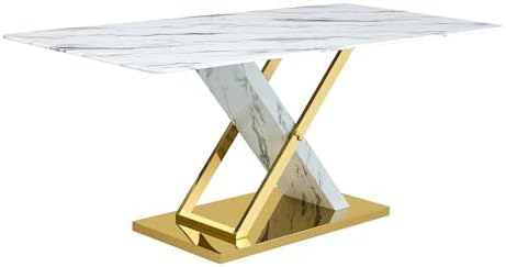 Marble Dining Table Set for 8,Modern 71''White Gold Dining Room Table with Chrome Plated XShaped Frame and White Leather Dining Chairs,Easy Assembley,Kitchen Table and Chairs for Dining Room