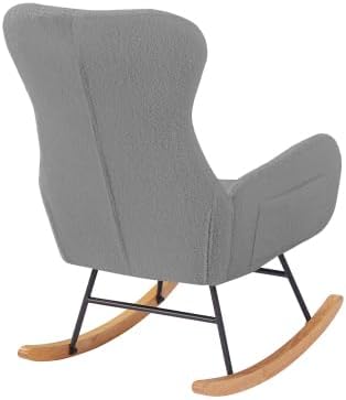 Rocking Chairs for Nursery Bedroom, Plush Teddy Accent Glider with Metal Frame & Solid Wood Legs, Cozy Adult Armchair, 250 Lbs Capacity, Grey