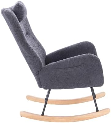 Dark Grey Rocking Chair for Nursery, Steel Frame & Solid Wood Legs Adult Glider, Comfy Teddy Upholstered Accent Armchair for Bedroom Living Room