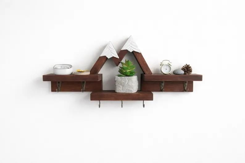 Rustic Mountain Wall Shelf with Hooks, Wood & Metal Wall Storage Organizer, Decorative Floating Shelves for Entryway Bedroom Nursery, Farmhouse Style Home Decor