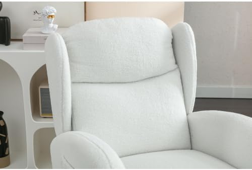 Ivory Upholstered Teddy Glider Rocker, High Back Armchair with Wood Legs, Modern Nursery Rocking Chair for Living Room Bedroom Reading Nook