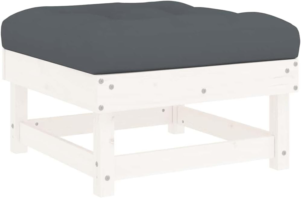 Outdoor Patio Footstool with Anthracite Cushion, White Solid Pine Wood Garden Ottoman, Modular Foot Rest for Deck Backyard Poolside