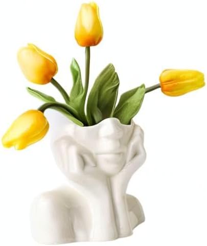 Large Ceramic Face Vase, White Flower Vases for Decor Female Form Head Half Body Vase Boho Unique Decorative Modern Style for Home Living Room Office Book Shelf (Large)