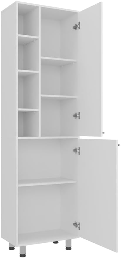 White Pantry Cabinet for Kitchen - Vertical Storage Solution with Modern Silver Handles, Ideal for Compact Spaces, Perfect for Utensils, Linens & Accessories, Durable Design