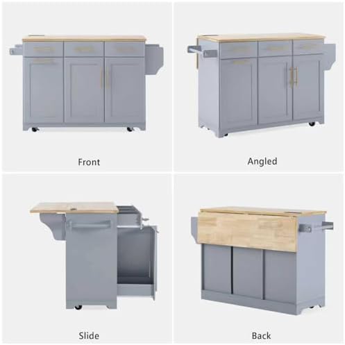 59.3" Kitchen Island with Drop Leaf and Pull Out Trash Can Storage Cabinet, Rolling Kitchen Island Table with Power Outlet, Spice & Towel Rack for Kitchen, Dining, Grey Blue