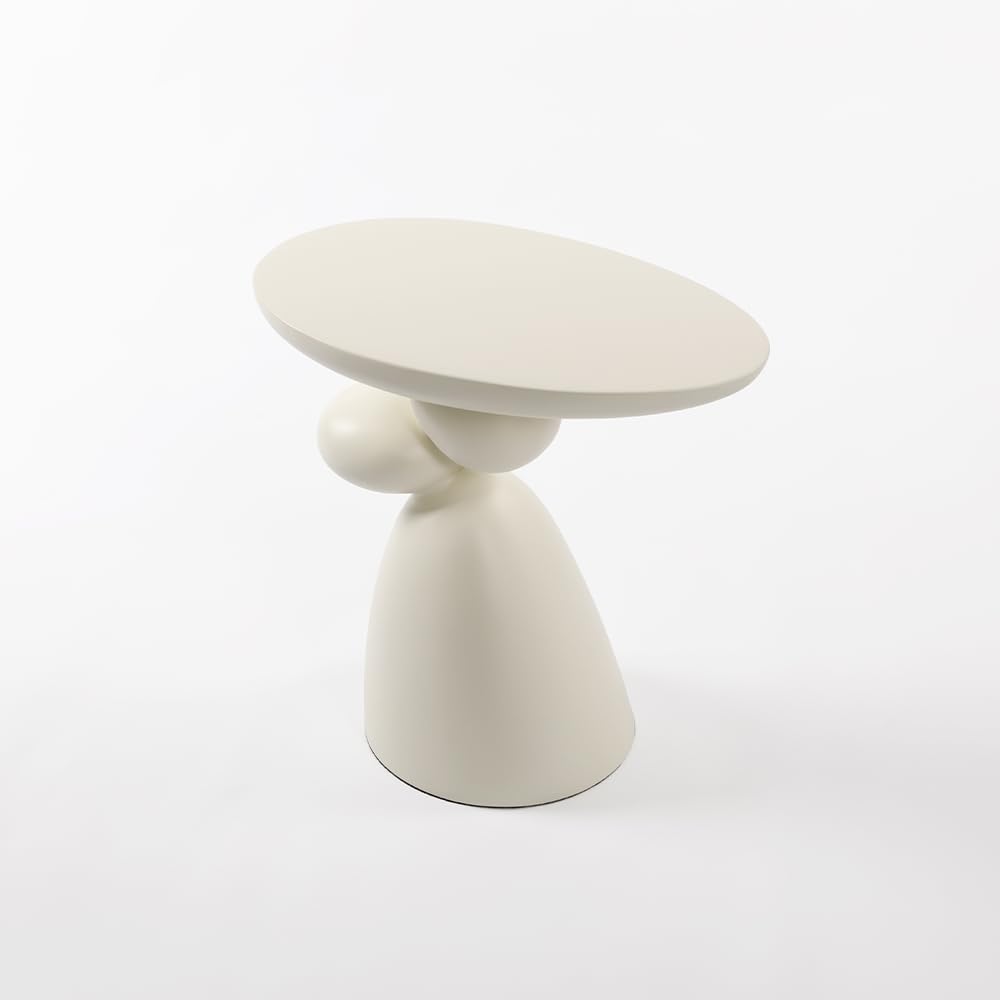 Fortune Stone Coffee Table with Deco, Modern Minimalist Narrow End Table for Couch, Small Round Side Table for Living Room, Fiberglass Decoration Corner Table for Sofa, Black, White (White)