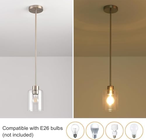 Brushed Nickel Pendant Lights Kitchen Island - Clear Glass Pendant Light Fixture Multiple Stems Rods 3 Units 12 Inch 3 Units 4 Inch (3 Pack Brushed Nickel)