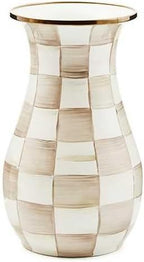MACKENZIE-CHILDS Tall Enamel Checkered Vase, Unique Flower Vase, Brown-and-White Mocha Check, Steel, 6" L x 6" W x 12" H