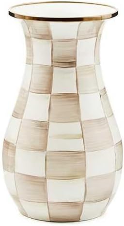 MACKENZIE-CHILDS Tall Enamel Checkered Vase, Unique Flower Vase, Brown-and-White Mocha Check, Steel, 6" L x 6" W x 12" H