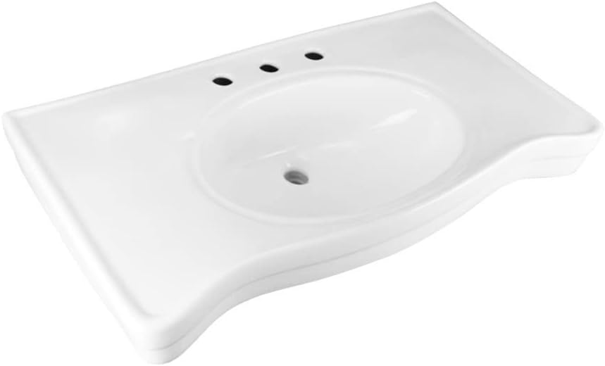 Renovators Supply Manufacturing Wall Mount Bathroom Sink – 35.5" Wide Belle Epoque White Porcelain Console Sink with 8" Widespread Faucet Holes, Pedestal Style, Brass Metal Legs in Chrome Finish