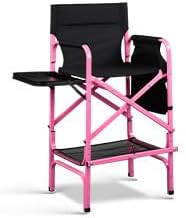 VINGLI 31" Tall Director's Chair for Makeup Artist, Aluminum Portable Makeup Chair with Retractable Side Table & Footrest,Supports 300 lbs, Foldable Makeup Chair for Studio, Pink & Black