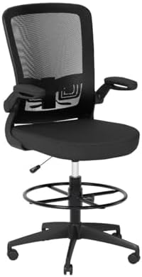 POWERSTONE Drafting Chair, Ergonomic Tall Office Chair for Standing Desk with 3IN Thick Cushion, Flip-up Arm, Adjustable Back Support & Footrest Workbench Rolling Stool Computer Chair (Black 1PCS)