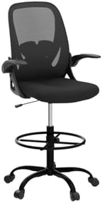 Primy Drafting Chair Tall Office Chair with Flip-up Armrests Executive Ergonomic Computer Standing Desk Chair with Lumbar Support and Adjustable Footrest Ring (Black)