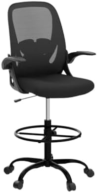 Primy Drafting Chair Tall Office Chair with Flip-up Armrests Executive Ergonomic Computer Standing Desk Chair with Lumbar Support and Adjustable Footrest Ring (Black)