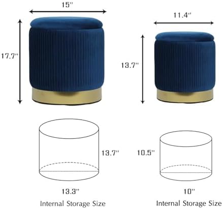 YYW HOME Navy Round Ottoman with Storage Set of 2 Vanity Stool Foot Rest with Removable Lid White Velvet Storage Ottoman Stool for Living Room and Dorm