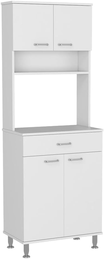 Pantry Cabinet 67" H,Four Doors,One Drawer,Three Internal Shelves,2 External Storage Shelves,Microwave Storage Option,Four Legs,White