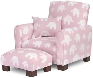 Toddler Personalized Armchair, Kids Upholstered Rocking Chair with Personalization, Toddler Chair with Personalized Name, Comfy Child Armchair, (Pink Elephants Print, Legs)