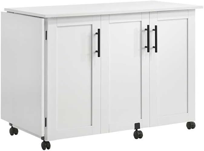 Pemberly Row White Rolling Kitchen Cart with Drop Leaf – Engineered Wood Storage Cart with Adjustable Shelves and Casters, 62.25" W x 19.5" D x 28.5" H