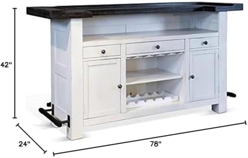 Pemberly Row 78" Farmhouse Wood Bar Unit with Foot Rail, Adjustable Shelves, Removable Wine Rack, Stemware Storage, in Espresso Finish