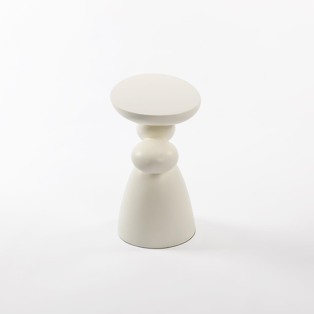 Fortune Stone Coffee Table with Deco, Modern Minimalist Narrow End Table for Couch, Small Round Side Table for Living Room, Fiberglass Decoration Corner Table for Sofa, Black, White (White)