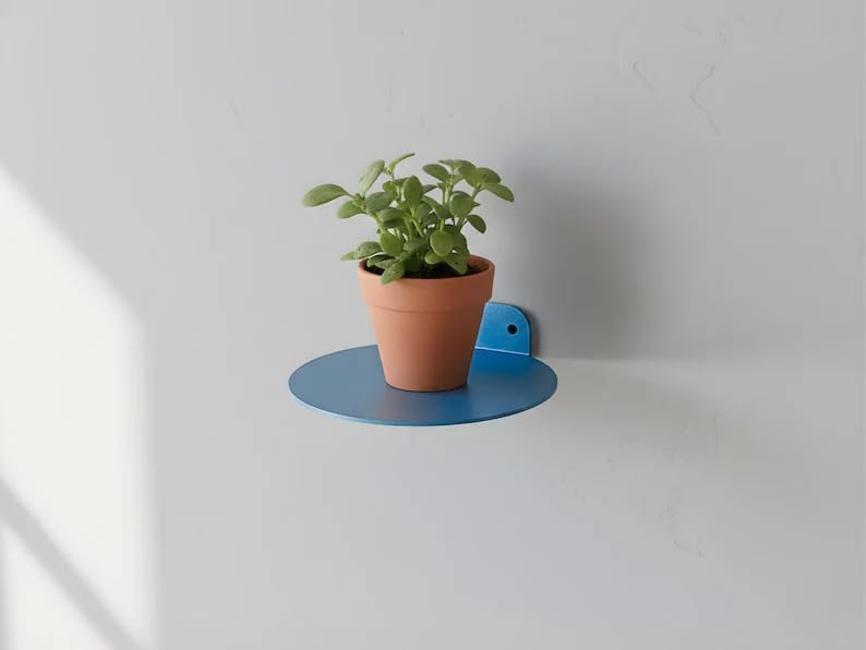 Modern Wall Mounted Plant Shelf, Blue Metal Circular Floating Shelf, Small Hanging Planter Holder for Indoor Plants, Succulents, Herbs, Living Room Bedroom Bathroom Decor