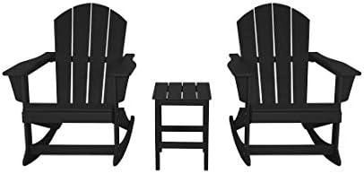 HDPE Laguna Outdoor Rocking Poly Adirondack Chair with Side Table 3-Piece Set, Black