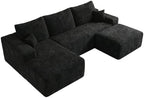 107" W Corduroy Sectional Boneless Cloud Couch with Chaise & Ottoman, No Assembly Required, U Shaped Modular Sectional Sofa, Cozy Fluffy Sofa for Living Room (Black, Left Facing Chaise+Ottoman)