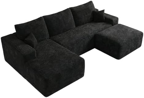107" W Corduroy Sectional Boneless Cloud Couch with Chaise & Ottoman, No Assembly Required, U Shaped Modular Sectional Sofa, Cozy Fluffy Sofa for Living Room (Black, Left Facing Chaise+Ottoman)