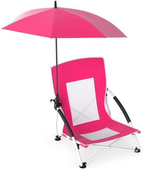 Portable Beach Chair with Detachable Umbrella, Pink, 600D Oxford Fabric, UPF 50+, 330 lbs Capacity, Includes Carry Bag
