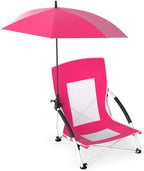 Portable Beach Chair with Detachable Umbrella, Pink, 600D Oxford Fabric, UPF 50+, 330 lbs Capacity, Includes Carry Bag