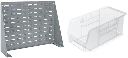 Akro-Mils 28"x8"x20" Steel Louvered Panel Work Bench Storage Rack with 12-Pack of 11 x5 x5 AkroBins Stackable Plastic Storage Bins (Clear), Organization Bundle for Garage, Workshop, Classroom