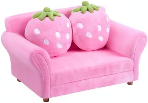 Fireflowery Kids Sofa, Children Upholstered Loveseat Lounge Bed w/ 2 Cute Strawberry Pillows, Children Couch Armrest, Double Seat Kid Sofa for Playroom Bedroom Living Room Baby Room, Pink
