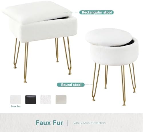 BRIAN & DANY Vanity Stool, Faux Fur Vanity Stool Chair with Storage, Round Makeup Chair Soft Padded Seat with Legs for Bedroom (White)