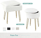 BRIAN & DANY Vanity Stool, Faux Fur Vanity Stool Chair with Storage, Round Makeup Chair Soft Padded Seat with Legs for Bedroom (White)